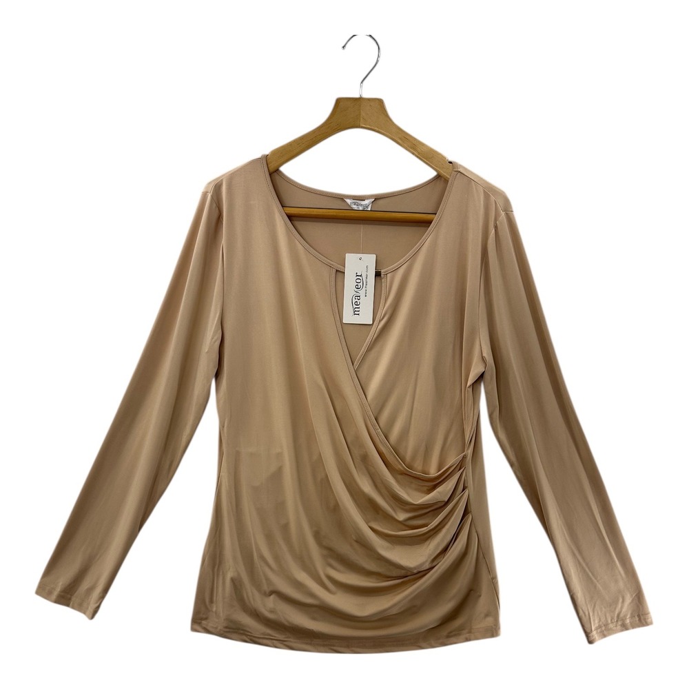 MEAEOR Women's Plus Size‎ XXL Beige Ruched Faux Wrap Long Sleeve Top